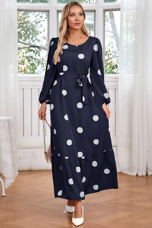 "Flash Sale: Grab Your Favorite Women's Dresses at Unbeatable Prices!"Navy Scoop Neck Polka Dots Long Cocktail Dress with Sash "Flash Sale: Grab Your Favorite Women's Dresses at Unbeatable Prices!"Navy Scoop Neck Polka Dots Long Cocktail Dress with Sash