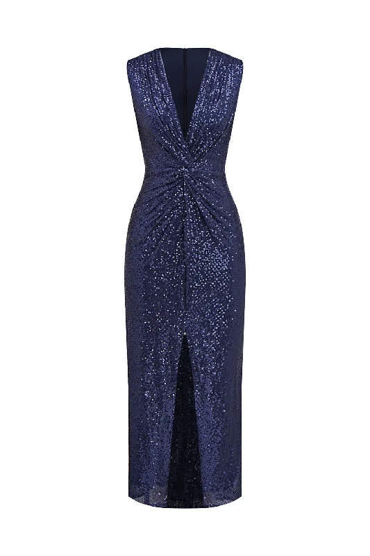 "Vintage - look women's dresses for a retro charm"Navy V-neck Sheath Sequins Midi Cocktail Dress with Slit "Vintage - look women's dresses for a retro charm"Navy V-neck Sheath Sequins Midi Cocktail Dress with Slit