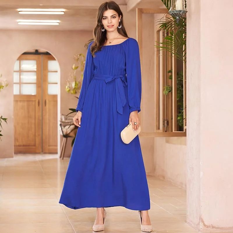 Maxi Dresses for Girlfriends' Get - togethersFashionSierra - New Autumn Women Casual Dress Elegant Blue Square Collar Maxi Dress Long Sleeve Belted Long Dresses Women
