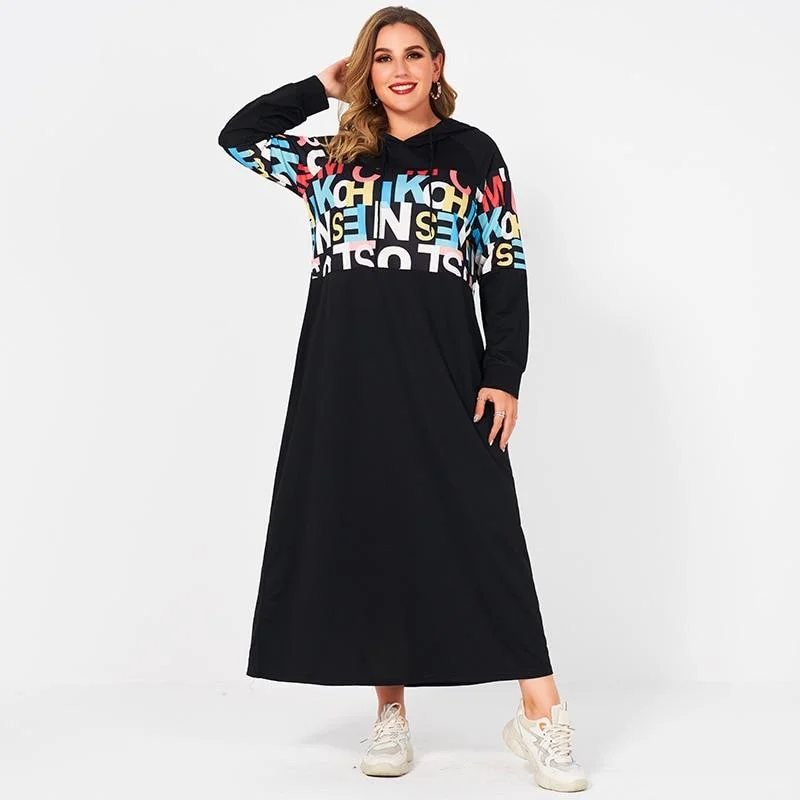 Maxi Dresses with Geometric Patterns for a Modern TwistFashionSierra - College Casual Style Hooded Long Color Letter Printing Stitching Loose Long Sleeve Black Thin Sweater Woman Dress