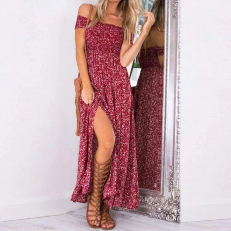 Maxi Dresses with Double - Layered Skirts for a Flowing EffectFashionSierra - New Fashion Women Boho Off shoulder High Waist Short Sleeve Maxi Dress Ladeis Summer Floral Beach Casual Long Sundress