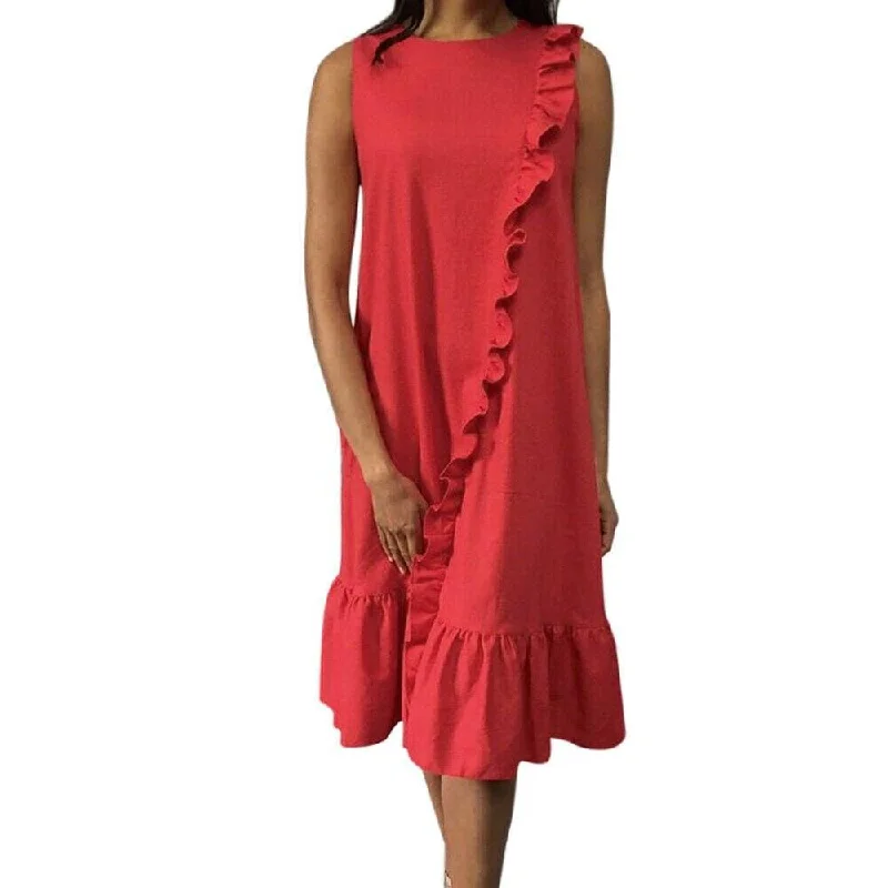 Earthy Brown Maxi Dresses for a Natural LookFashionSierra - New Fashion Women Sleeveless Casual Red Dress Holiday Loose Ruffle Top Shirts Dress Casual Beach Summer Sundress