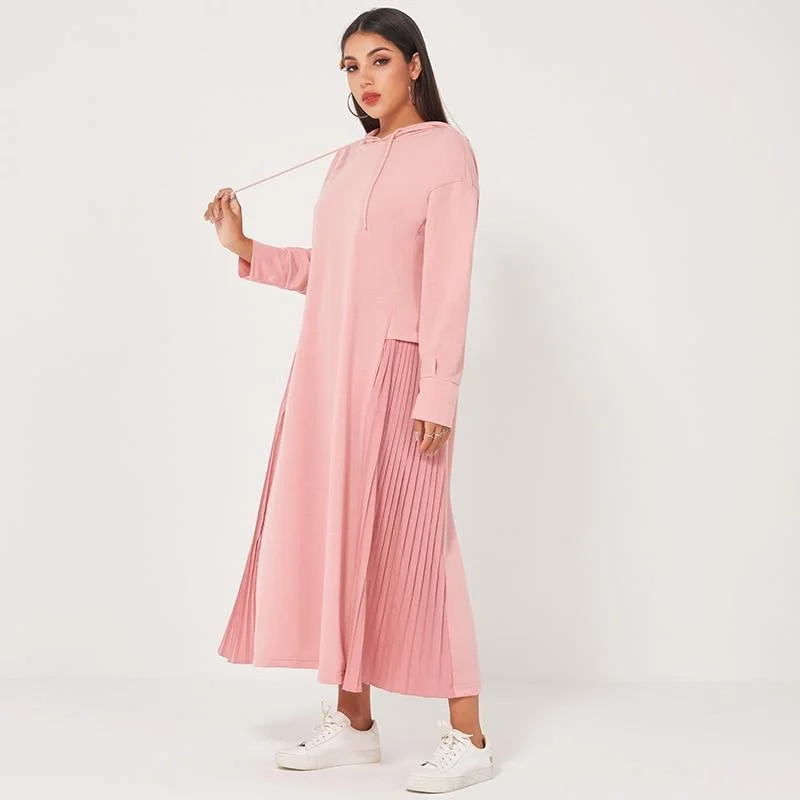 Maxi Dresses Suitable for Beachside WeddingsFashionSierra - College Style Casual Pullover Hooded Loose Pleated Stitching Solid Color Mid-length Sweater Dress