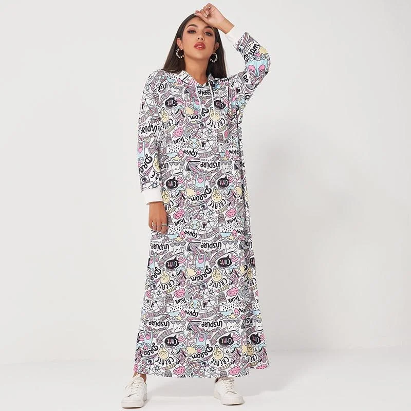 Maxi Dresses with Back Cut - Outs for a Sexy and Alluring LookFashionSierra - Ladies fashion letters graffiti printing long drawstring hooded loose casual sports sweater dress