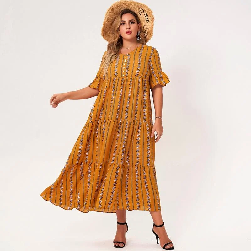 Maxi Dresses for Office - Appropriate Summer PartiesFashionSierra - Plus Size Yellow Geometry V-neck Half Flared Sleeves Button A-line Loose Bohemian Style Maxi Dresses