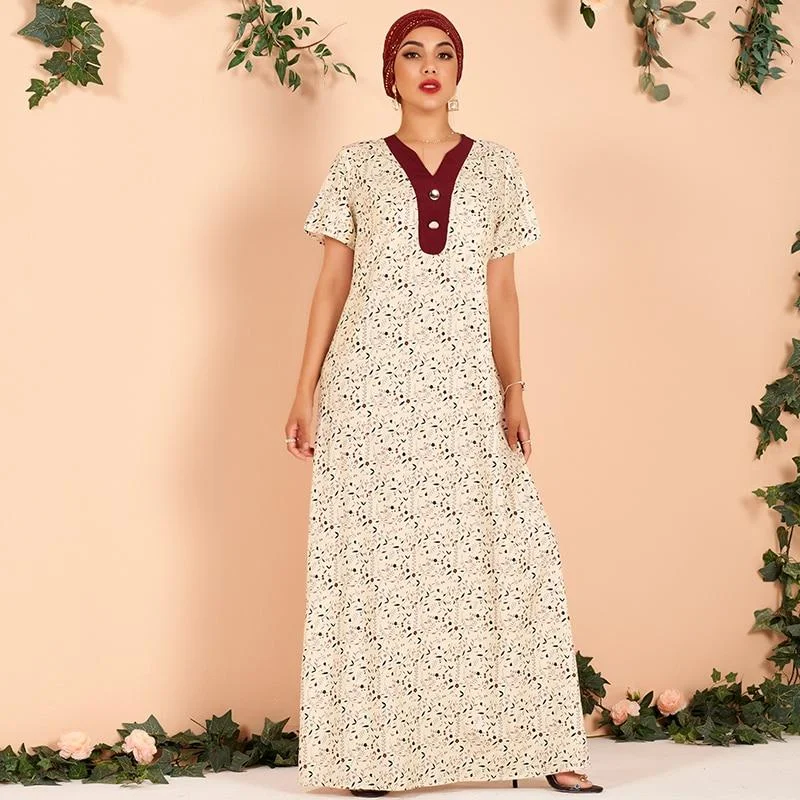 Vintage - Inspired Maxi Dresses with Puffed SleevesFashionSierra - New Summer Long Dress Women Apricot Floral Print Chiffon Vintage V-neck Short Sleeve Arab Robes Loose Party Maxi Dresses
