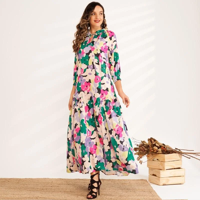 Plus - Size Maxi Dresses with Slimming EffectsFashionSierra - New Summer Maxi Dress Women Multicolor Floral Printing 3/4 Sleeve Bow Tie Collar A-line Bohemian Elegant Holiday Style Robe