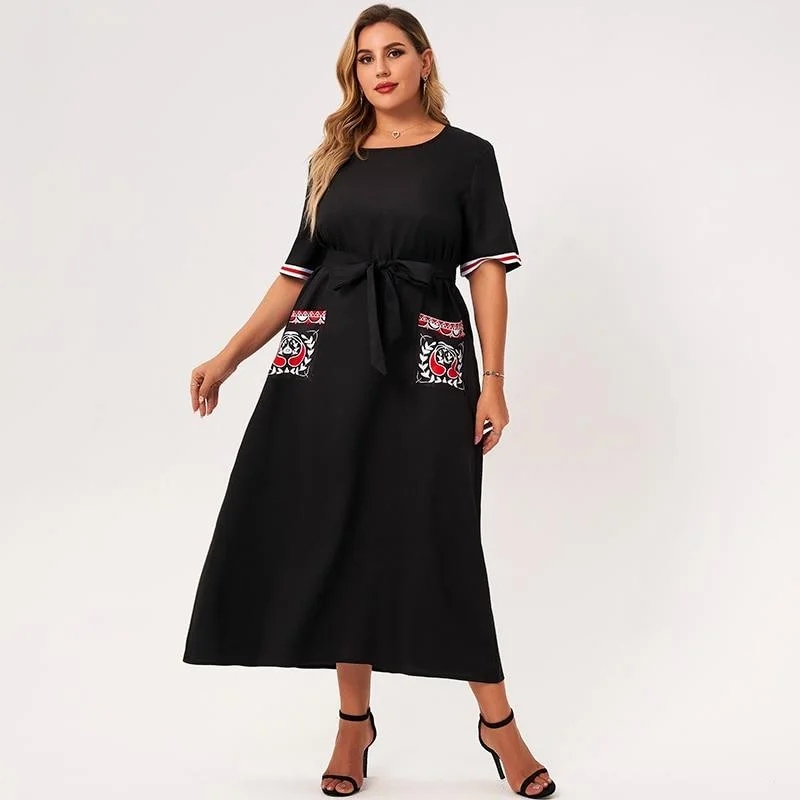 Maternity Maxi Dresses with Adjustable WaistsFashionSierra - Summer Maxi Dress Women Plus Size Black Loose Pockects Plant Hand-painted Print Striped Short Sleeve Large Party Robes