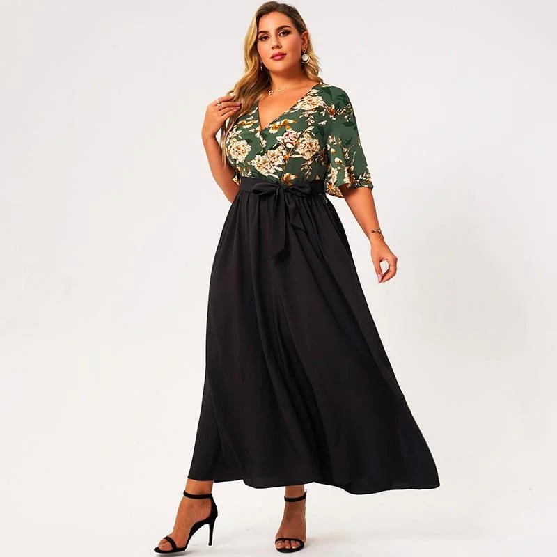 Sleeveless Maxi Dresses for a Minimalist StyleFashionSierra - Summer Maxi Dress Women Plus Size Green And Black Loose Floral Print Belt Half Sleeve V-neck Holiday Casual Large Robes