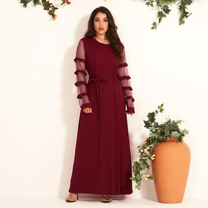 Maxi Dresses with Metallic Thread Embroidery for a Shiny and Luxurious LookFashionSierra - New Summer Women Party Dress Elegant Burgundy Long Dress Sexy Mesh Ruffle Long Sleeve Belted Maxi Dresses Retro Vestido