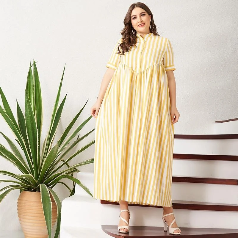 Maxi Dresses for Bridal ShowersFashionSierra - New Summer Women Yellow Striped Long Dress Button Short-Sleeve Maxi Dress Plus Size Dress Casual Loose Fat Large Dresses