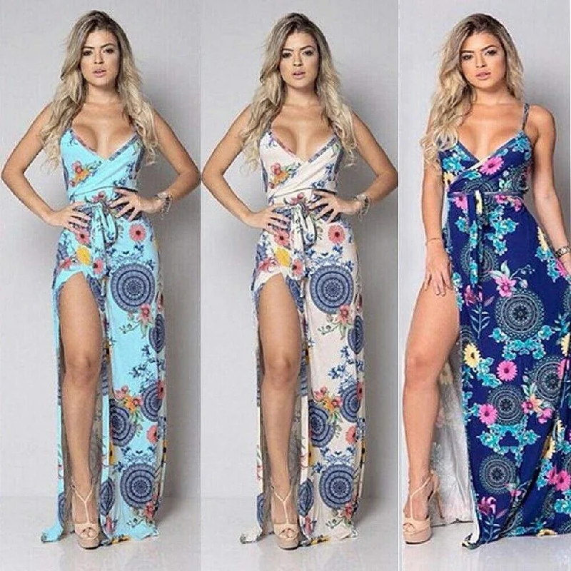 Maxi Dresses Ideal for Tropical GetawaysFashionSierra - New Women Summer Vintage Boho Sleeveless Long Maxi Dress Ladies V-Neck Fashion Beach Party Dress Sundress