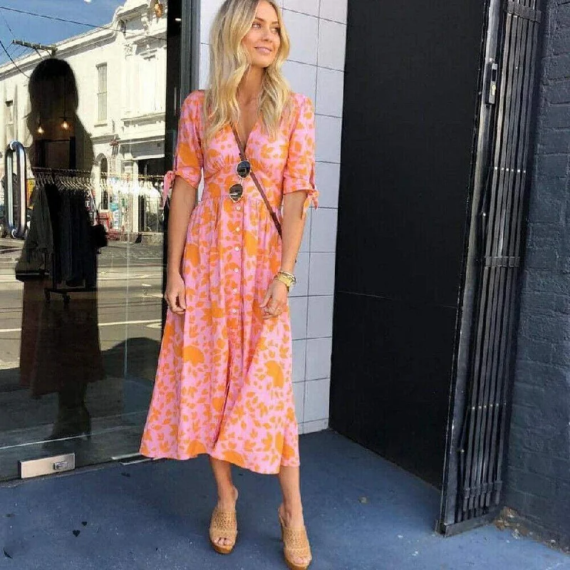 Floral - Patterned Maxi Dresses for a Sweet LookFashionSierra - New Women Sweet Boho Floral Maxi Dress Summer Retro Short Sleeve Draped Bandage Dresses Lady Party Beach Sundress Vestidos