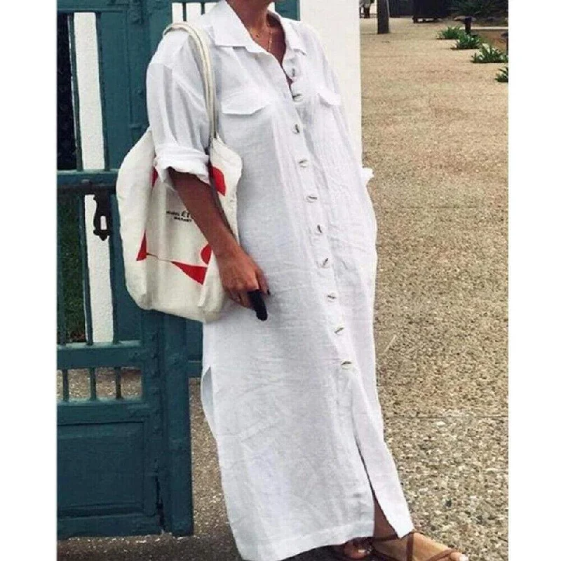 Maxi Dresses with Metallic Thread Embroidery for a Shiny and Luxurious LookFashionSierra - New Women's Casual Plain Long Sleeve Maxi Dress Ladies Loose Kaftan Tunic Baggy Button Down Long Shirt Dresses