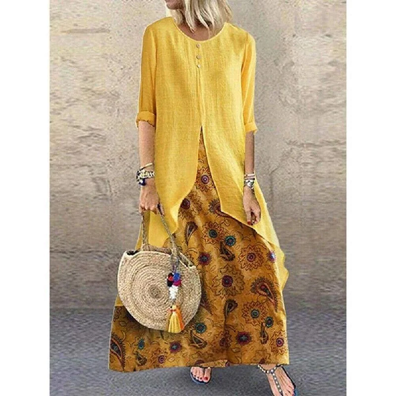 Bohemian Printed Maxi Dresses for Summer VacationsFashionSierra - New Women's Peasant Ethnic Boho Long Shirt Vest Dress Summer Casual Long Sleeve Loose Kaftan Maxi Dress Sundress Plus Size