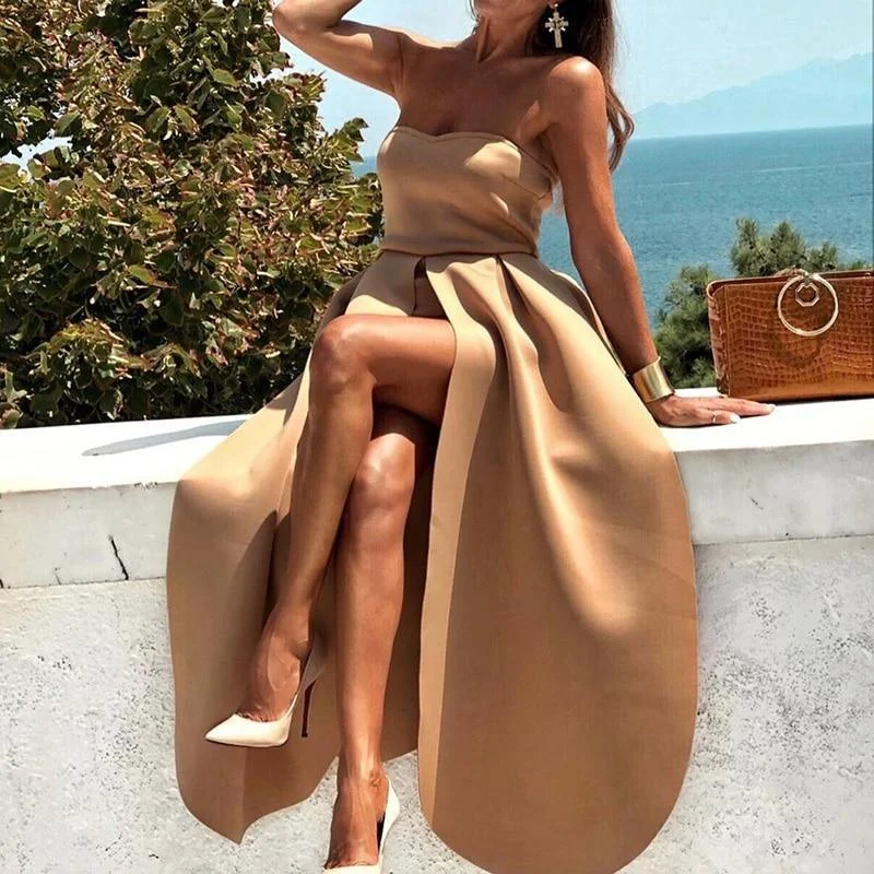 Maternity Maxi Dresses with Adjustable WaistsFashionSierra - Off Shoulder Party Dress Women Solid Khaki Strapless Dress Elegant Back Zipper Slit Holiday Maxi Dresses High Slit Vestido Mujer