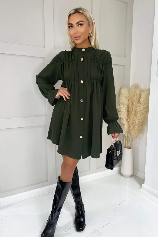 "Petite women's dresses with flattering fits"Olive Long Sleeve Gathered Detail Button Front Dress