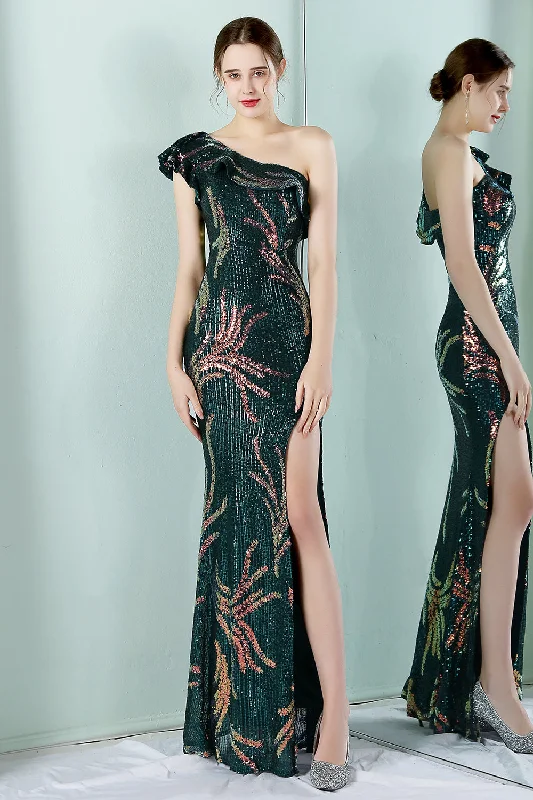 "Trendy casual dresses for women to wear at the beach"One Shoulder Dark Green Sequined Evening Dress "Trendy casual dresses for women to wear at the beach"One Shoulder Dark Green Sequined Evening Dress