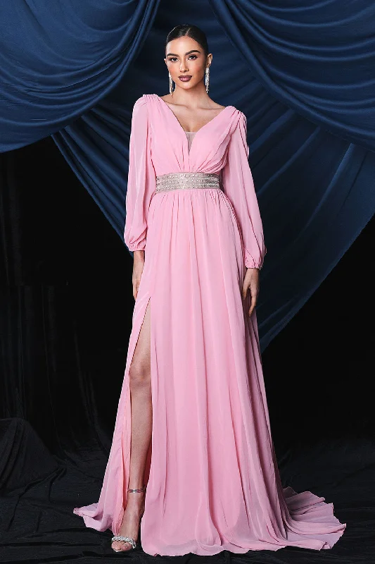"Bohemian - style women's dresses for music festivals"Pink Chiffon Long Sleeves Prom Dress With Slit "Bohemian - style women's dresses for music festivals"Pink Chiffon Long Sleeves Prom Dress With Slit