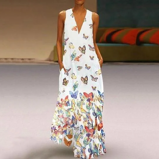 Maxi Dresses for Office - Appropriate Summer PartiesFashionSierra - Plus size bohemian long maxi dress Women sleeveless v neck sexy beach sundress Casual loose butterfly dress robe femme vestidos