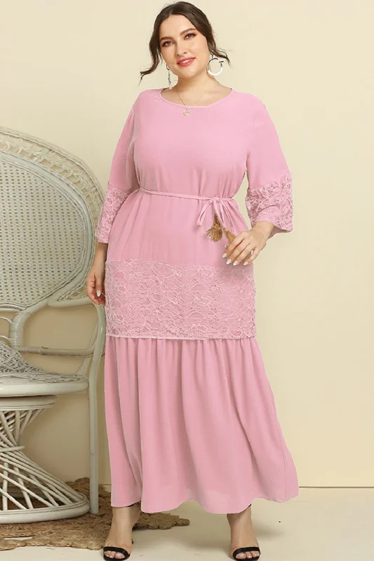 Off - the - Shoulder Maxi Dresses for Evening PartiesPlus Size Spliced Lace Tassel Belted Dress Off - the - Shoulder Maxi Dresses for Evening PartiesPlus Size Spliced Lace Tassel Belted Dress