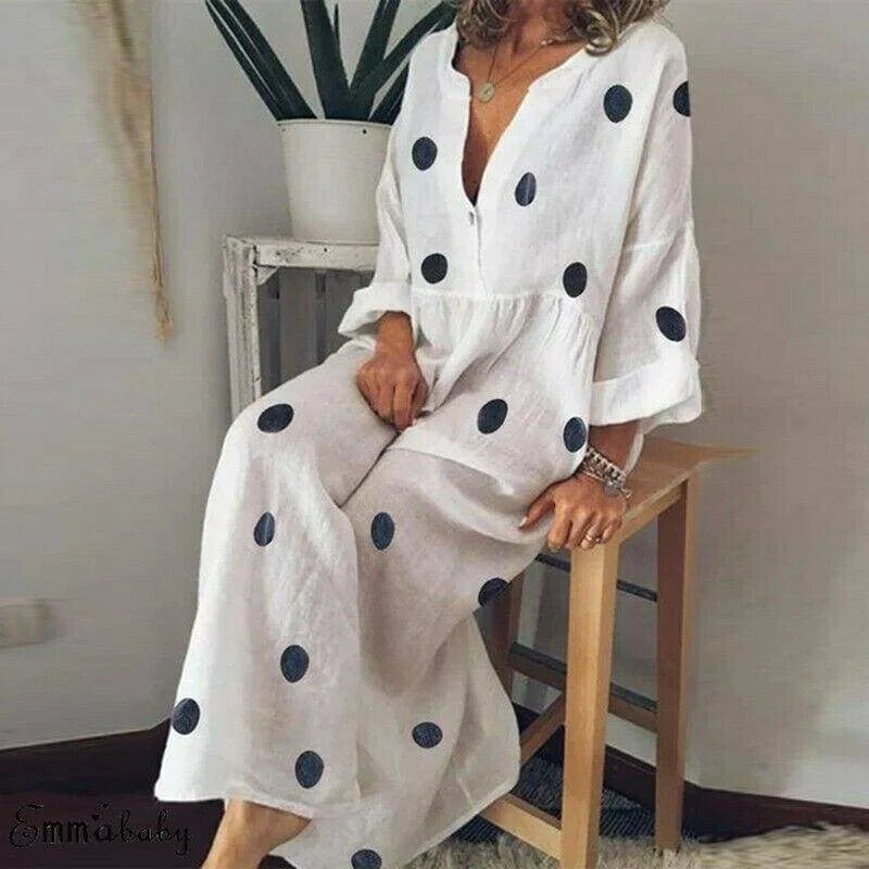Retro - Style Bubble - Sleeve Maxi DressesFashionSierra - Plus Size Women Boho V-neck Long Shirt Dress Ladies Long Sleeve Casual Summer Holiday Polka Dot Loose Maxi Dress