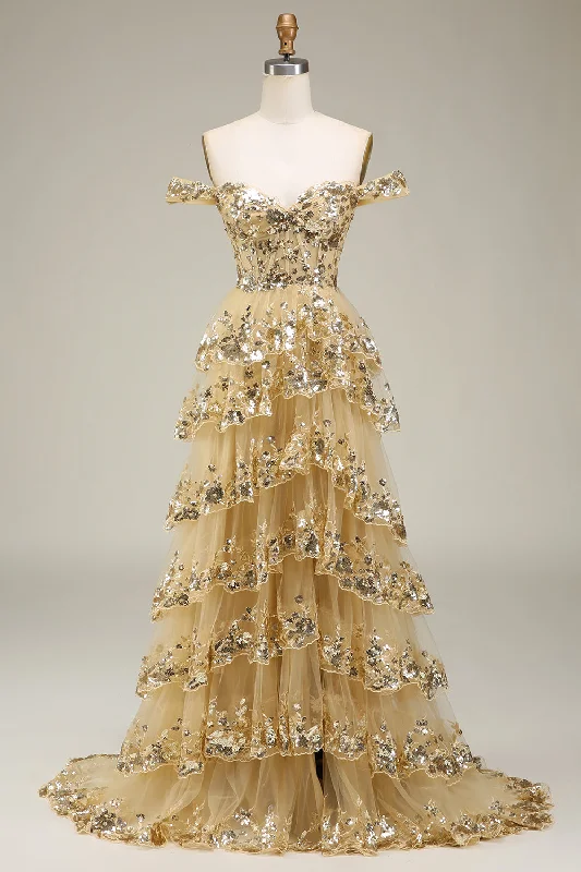 "Polka dot dresses for women with a retro vibe"Princess A Line Off The Shoulder Gold Tiered Prom Dress