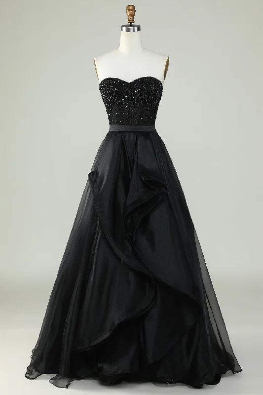 "Maxi dresses for women to wear in the fall"Princess A Line Sweetheart Black Strapless Ball Gown Formal Evening Dress