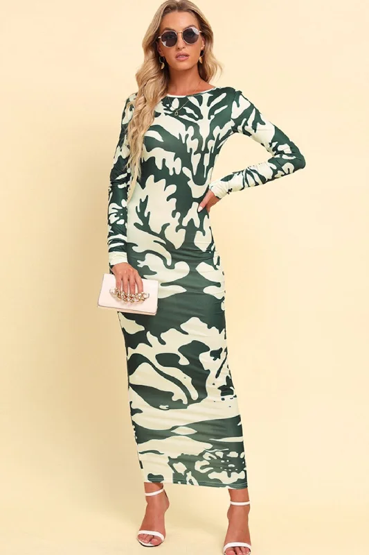 Elegant Silk Maxi Dresses with High SlitsPrinted Backless Long Sleeve Maxi Dress
