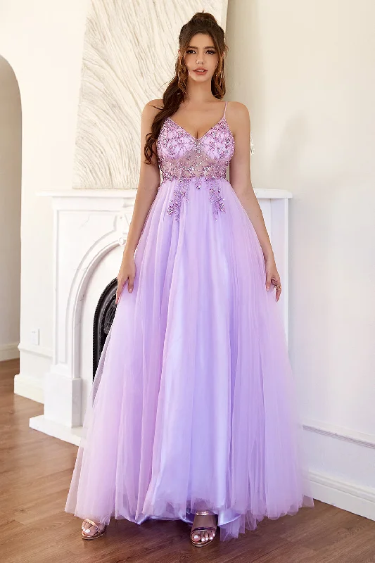 "Comfortable maternity dresses for pregnant women"Purple Beading Tulle Prom Dress