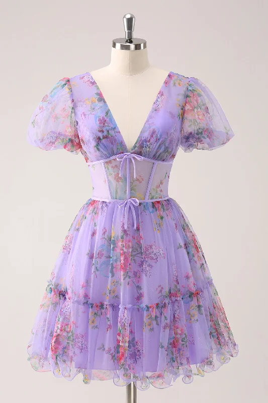 "Plus size formal dresses for women for special events"Purple A-Line V Neck Corset Short Floral Homecoming Dress with Lace Up Back "Plus size formal dresses for women for special events"Purple A-Line V Neck Corset Short Floral Homecoming Dress with Lace Up Back