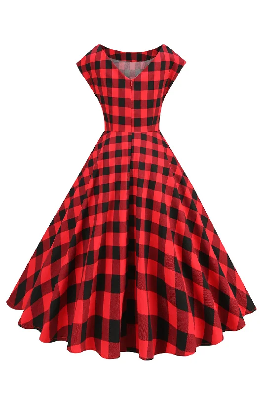 "Sequined dresses for women to shine at parties"Red and Black Plaid A-Line V-Neck 1950s Dress "Sequined dresses for women to shine at parties"Red and Black Plaid A-Line V-Neck 1950s Dress