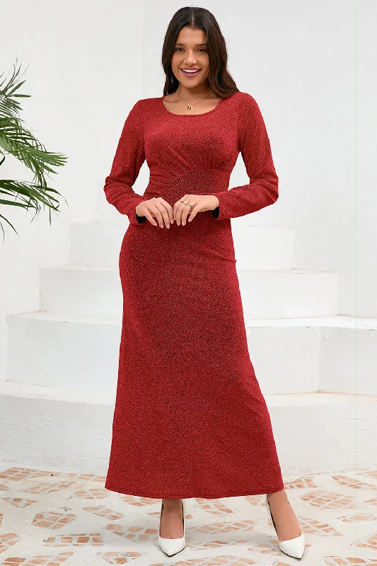 "Chiffon dresses for women with a flowy and light feel"Red Mermaid Scoop Neck Long Party Dress with Long Sleeves "Chiffon dresses for women with a flowy and light feel"Red Mermaid Scoop Neck Long Party Dress with Long Sleeves