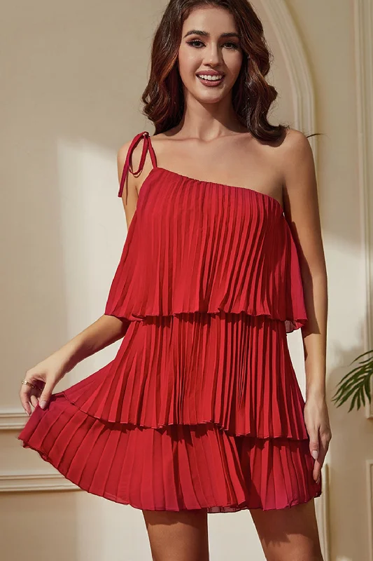 "Ruffled dresses for women for added femininity"Red One Shoulder Pleated Tiered Sheath Short Party Dress "Ruffled dresses for women for added femininity"Red One Shoulder Pleated Tiered Sheath Short Party Dress