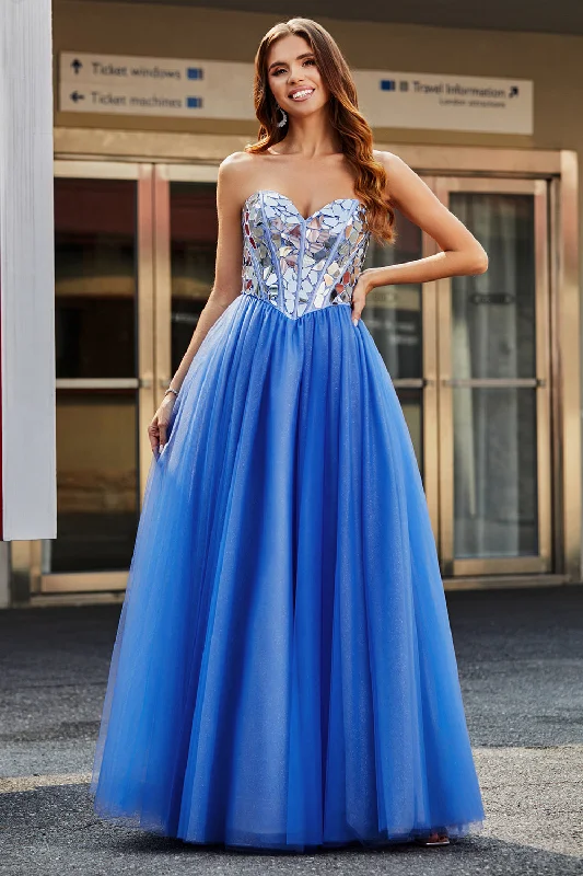 "Designer - inspired women's evening dresses"Royal Blue A-Line Sweetheart Broken Mirrors Strapless Corset Long Prom Dress