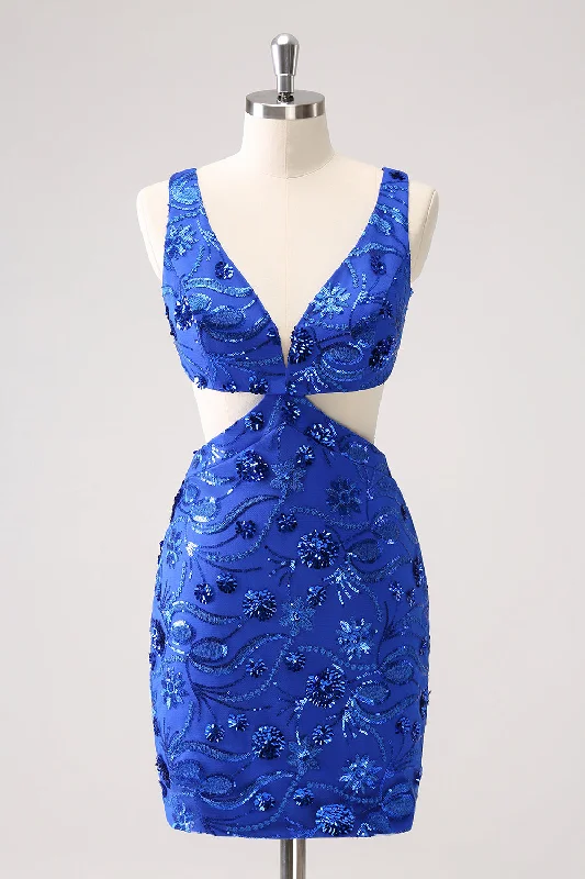 "Pleated dresses for women with a graceful movement"Royal Blue Bodycon Cut Out Homecoming Dress with Beading "Pleated dresses for women with a graceful movement"Royal Blue Bodycon Cut Out Homecoming Dress with Beading