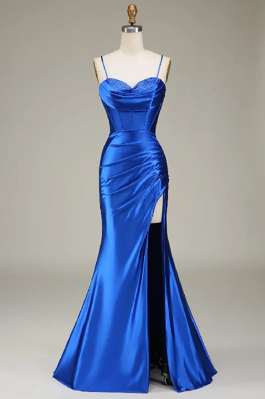 "Stylish cocktail dresses for women on a budget"Royal Blue Mermaid Spaghetti Straps Long Prom Dress With Slit "Stylish cocktail dresses for women on a budget"Royal Blue Mermaid Spaghetti Straps Long Prom Dress With Slit