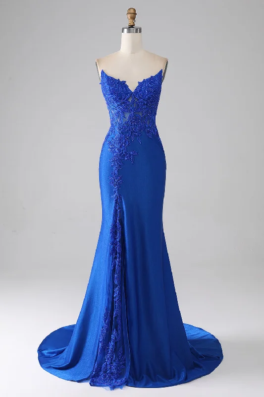 "Midi dresses for women with unique patterns"Royal Blue Mermaid Strapless Long Beaded Prom Dress With Appliques "Midi dresses for women with unique patterns"Royal Blue Mermaid Strapless Long Beaded Prom Dress With Appliques