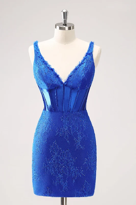 "Striped dresses for women with a classic touch"Royal Blue Bodycon V-Neck Short Homecoming Dress with Lace Up Back "Striped dresses for women with a classic touch"Royal Blue Bodycon V-Neck Short Homecoming Dress with Lace Up Back