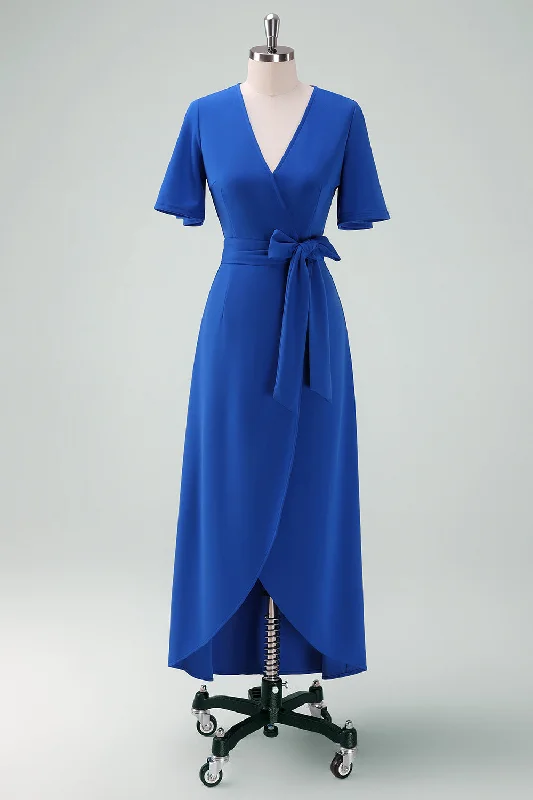 "Maxi dresses for women to wear in the fall"Royal Blue V-Neck Long Mother of Bride Dress with Short Sleeves "Maxi dresses for women to wear in the fall"Royal Blue V-Neck Long Mother of Bride Dress with Short Sleeves