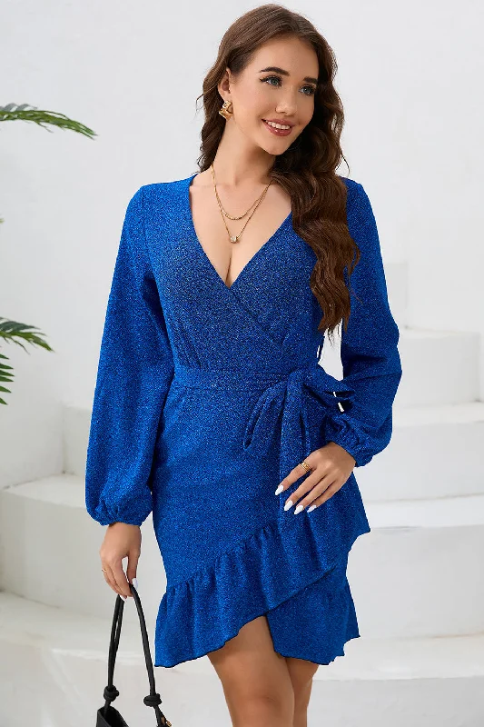 "Polka dot dresses for women with a retro vibe"Royal Blue V Neck Wrap Ruffle Long Sleeves Short Party Dress "Polka dot dresses for women with a retro vibe"Royal Blue V Neck Wrap Ruffle Long Sleeves Short Party Dress
