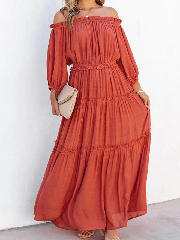 Maxi Dresses for Outdoor Picnics in the SummerRuffle Trim Off Shoulder Long Sleeve Maxi Dress