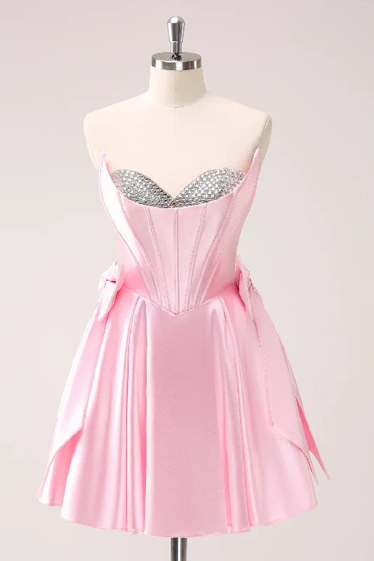 Clearance Sale: Women's Dresses Pink A Line Strapless Corset Beaded Homecoming Dress with Bows Clearance Sale: Women's Dresses Pink A Line Strapless Corset Beaded Homecoming Dress with Bows