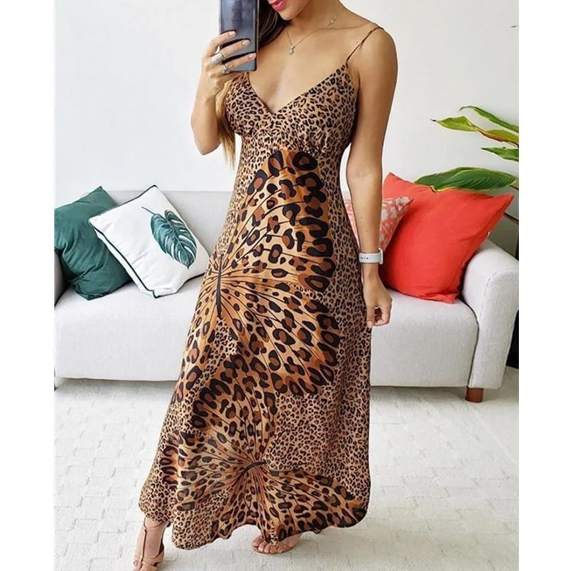 Luxurious Velvet Maxi Dresses for Winter GalasFashionSierra - Butterfly leopard print long dress Women spaghetti strap summer dress Casual beach a line dresses robe femme