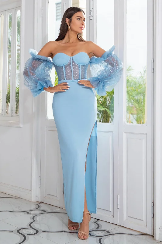 "Pleated dresses for women with a graceful movement"Sheath Off the Shoulder Sky Blue Prom Dress Long Sleeves "Pleated dresses for women with a graceful movement"Sheath Off the Shoulder Sky Blue Prom Dress Long Sleeves