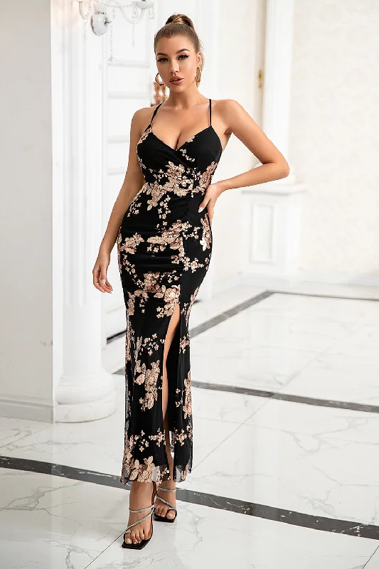 "Limited - Time Offer: Up to 50% Off on Women's Dresses!"Sheath Spaghetti Straps Black Long Prom Dress with Slit "Limited - Time Offer: Up to 50% Off on Women's Dresses!"Sheath Spaghetti Straps Black Long Prom Dress with Slit