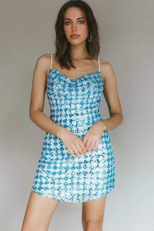 "Striped dresses for women with a classic touch"Show Me Love Cowl Neck Mini Dress Sequin Check Blue "Striped dresses for women with a classic touch"Show Me Love Cowl Neck Mini Dress Sequin Check Blue