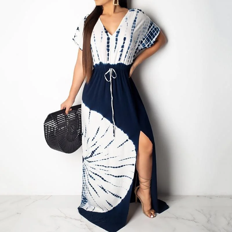 Maxi Dresses for Music Festivals with a Bohemian FlairFashionSierra - Side split lace up long dress Women short sleeve v neck summer beach dress Vintage print maxi dresses robe femme vestidos