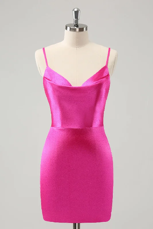 "Ruffled dresses for women for added femininity"Simple Fuchsia Cowl Neck Backless Tight Short Homecoming Dress "Ruffled dresses for women for added femininity"Simple Fuchsia Cowl Neck Backless Tight Short Homecoming Dress