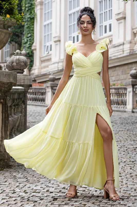 "VIP Sale: Extra 15% Off on Women's Dresses for Our Loyal Customers"Simple Lemon Yellow A Line Pleated Wedding Party Guest Dress with Ruffles "VIP Sale: Extra 15% Off on Women's Dresses for Our Loyal Customers"Simple Lemon Yellow A Line Pleated Wedding Party Guest Dress with Ruffles
